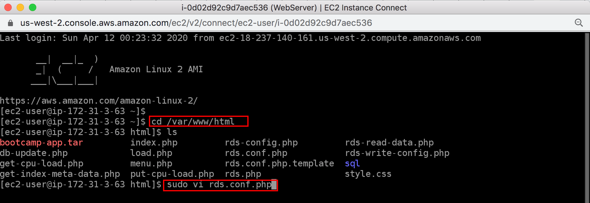 Terminal interface showing an Amazon Linux 2 AMI session, navigating to the /var/www/html directory and editing the rds.conf.php file using the vi editor.