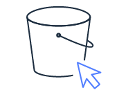 Illustration of an AWS S3 bucket with a blue cursor icon, representing selection or interaction with the bucket.