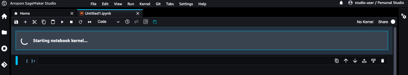 Screenshot of Amazon SageMaker Studio showing a Jupyter notebook interface with a message indicating 'Starting notebook kernel...'. The image displays the initial state of a notebook as the kernel is being started.