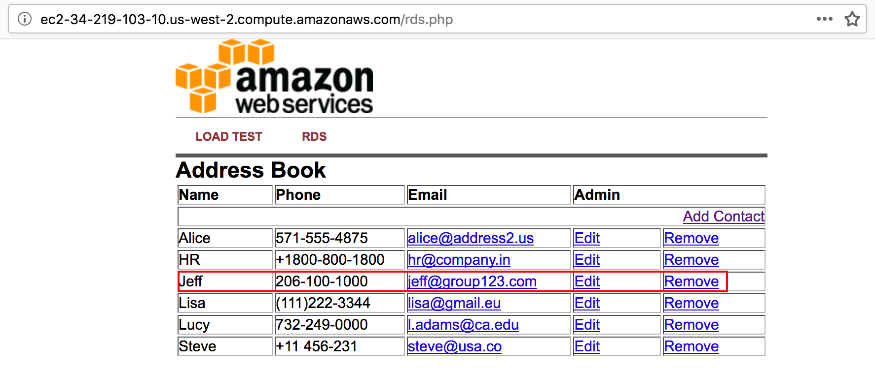 A web-based address book interface hosted on Amazon Web Services, displaying a table of names, phone numbers, emails, and options to edit or remove entries.