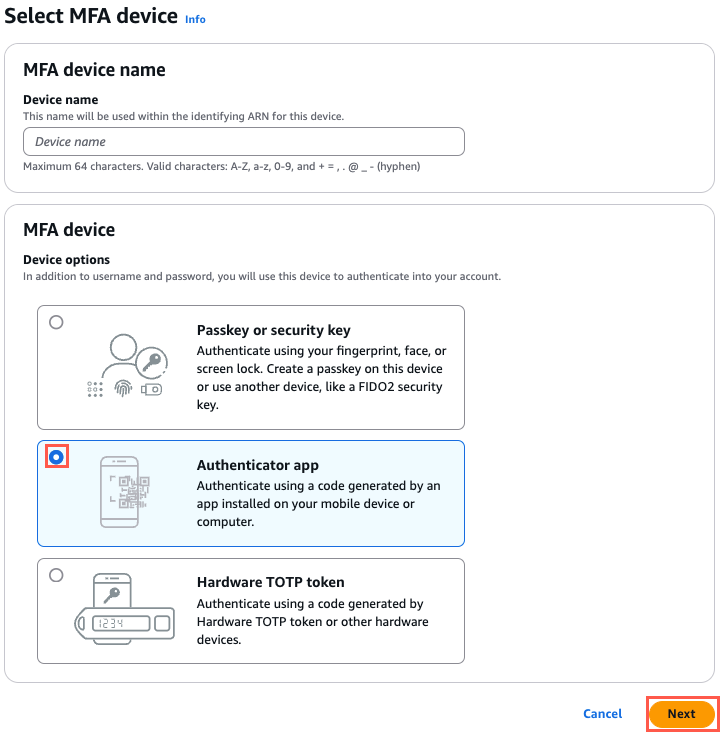 "Select MFA device screen with options for Passkey or security key, Authenticator app (selected), and Hardware TOTP token, along with a 'Next' button highlighted in orange."