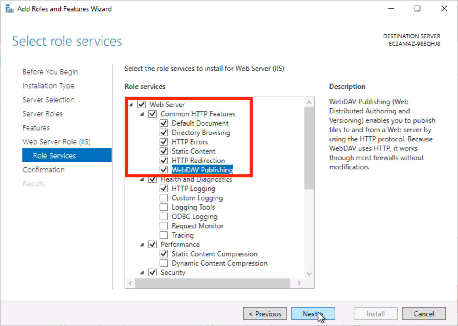 Screenshot of the "Add Roles and Features Wizard" in Windows Server, showing selected role services for Web Server (IIS), including "WebDAV Publishing" highlighted.