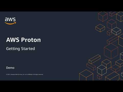 YouTube video thumbnail for 'AWS Proton Getting Started Demo', featuring the AWS logo, title, and geometric cube design on a dark background.