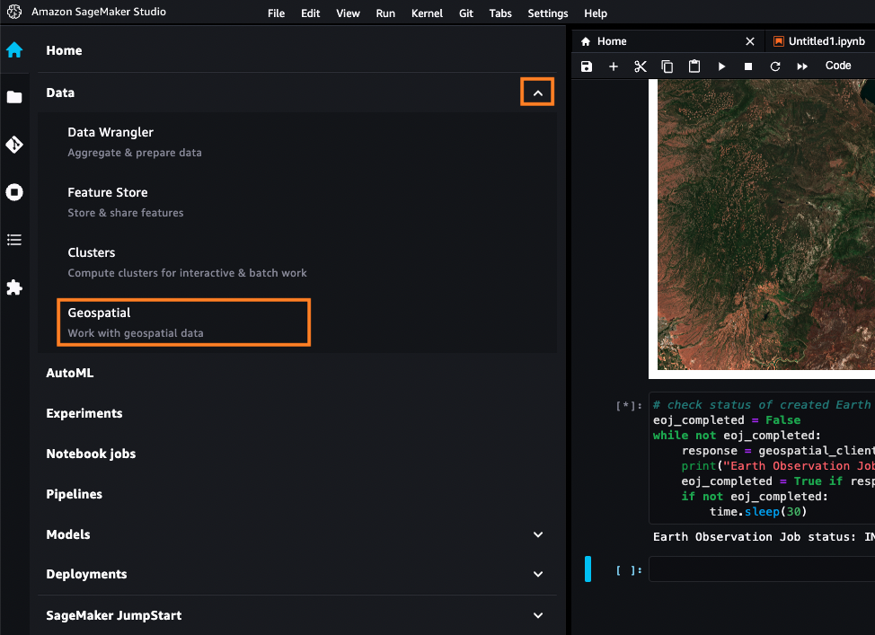 Screenshot of Amazon SageMaker Studio showing the Geospatial menu for working with geospatial data and a code cell related to an Earth Observation Job, with a map image and notebook interface visible.