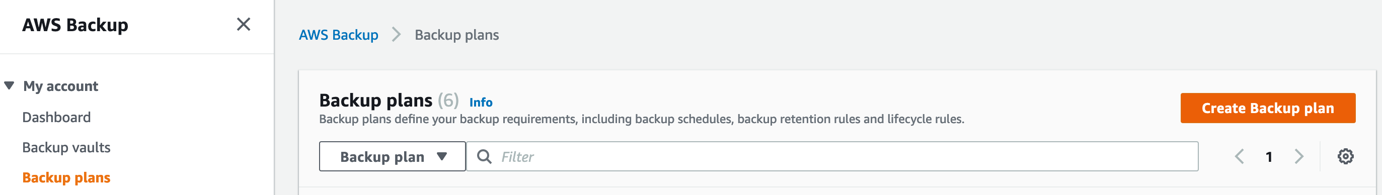 AWS Backup interface showing the "Backup plans" section with a search bar, filter options, and a "Create Backup plan" button.