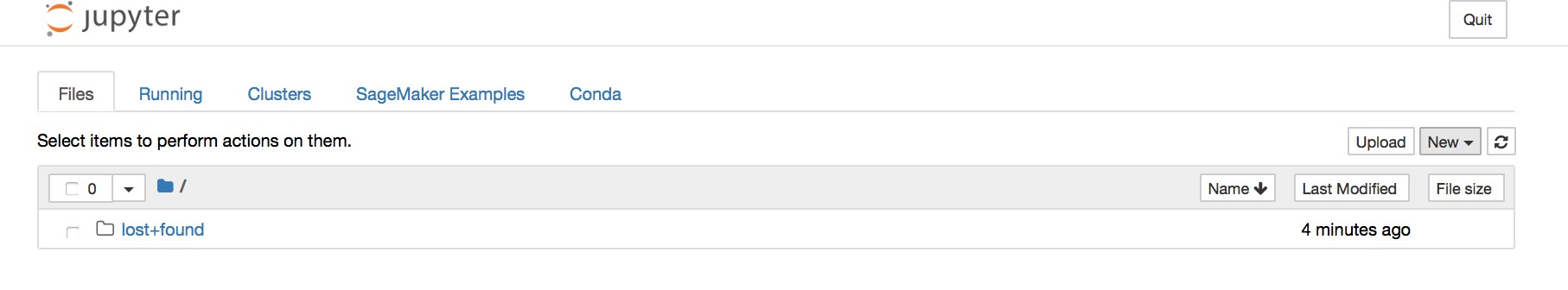 Screenshot of the Jupyter Notebook file browser interface displaying file navigation and management options.