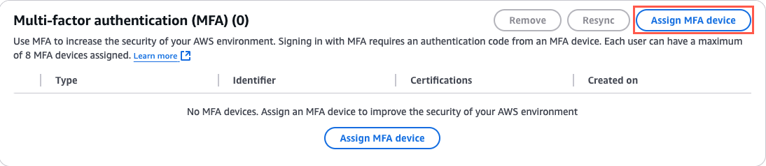 "Multi-factor authentication (MFA) settings in AWS showing no MFA devices assigned, with an option to 'Assign MFA device' highlighted."