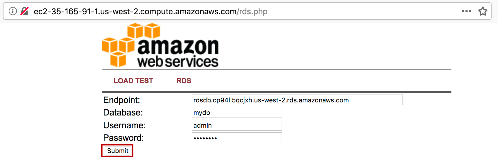 Amazon Web Services interface showing database connection fields for endpoint, database name, username, and password with a "Submit" button.