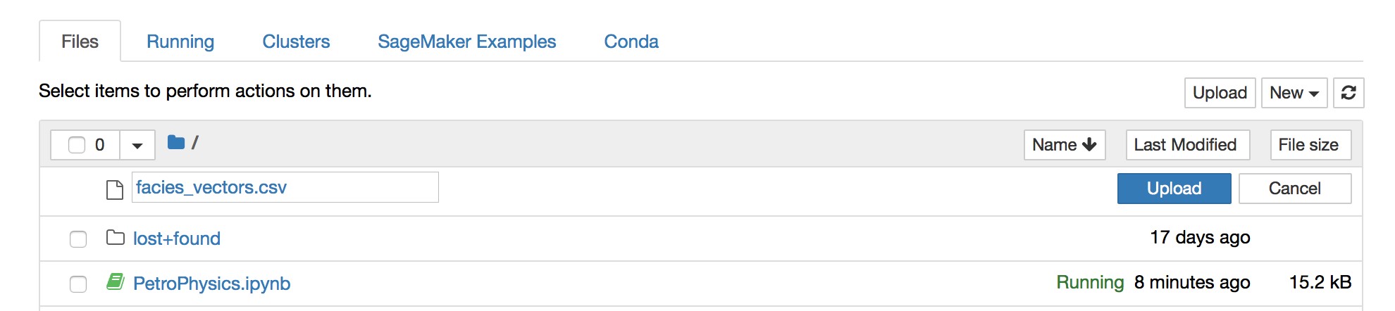 Screenshot of the AWS SageMaker file browser displaying files for a petrophysics example, including facies_vectors.csv, lost+found folder, and PetroPhysics.ipynb notebook.