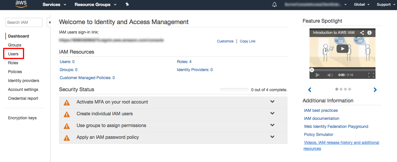 Screenshot of the AWS Identity and Access Management (IAM) dashboard, with the 'Users' section highlighted in red on the left sidebar. The dashboard displays IAM resources, security status, and additional information links.