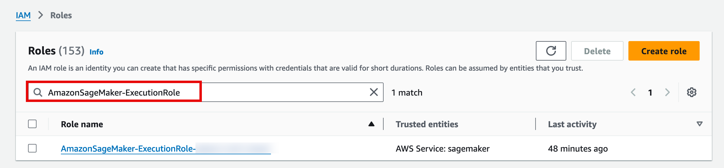 Screenshot of the AWS IAM Roles page showing a search for "AmazonSageMaker-ExecutionRole" with one matching result listed.