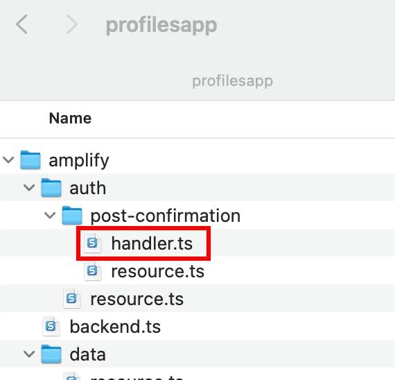 Screenshot showing the folder structure of a web application project, highlighting the 'handler.ts' file in the 'amplify/auth/post-confirmation' directory. This illustrates the step to update the handler file as part of building a basic web application tutorial.