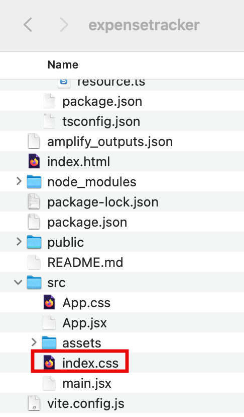 Screenshot of a file explorer showing the folder structure for an 'expensetracker' web application project, highlighting the 'index.css' file in the 'src' directory during an AWS Amplify web app deployment tutorial.