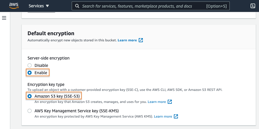 Screenshot showing the default encryption settings for an S3 bucket in the AWS Management Console, with server-side encryption enabled using the Amazon S3 key (SSE-S3) option.