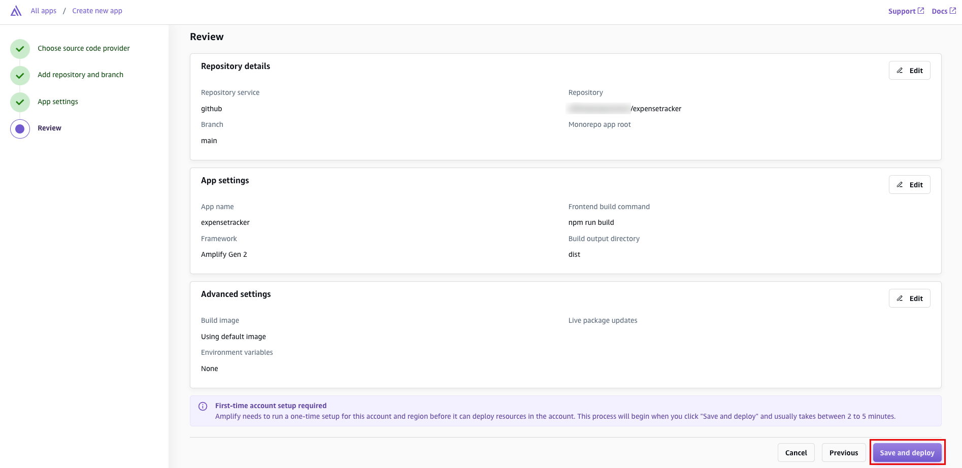 Screenshot of the review settings step in an AWS Amplify web app deployment tutorial. The image shows the final review of repository details, app settings, and advanced settings before clicking 'Save and deploy' to launch the app.