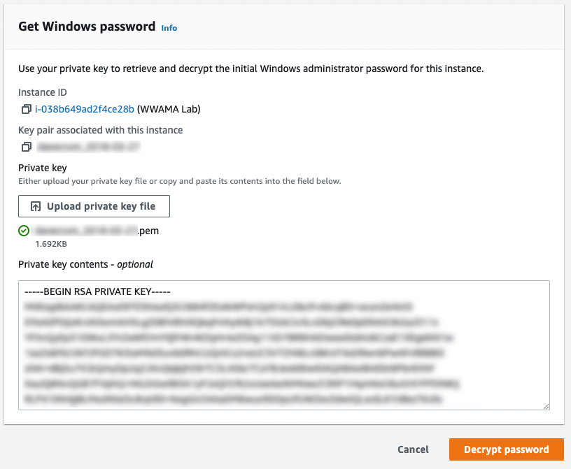 Screenshot of the AWS Management Console 'Get Windows password' interface, showing the process to upload a private key file to retrieve and decrypt the initial Windows administrator password for an EC2 instance. Used in the context of migrating an ASP.NET web application.