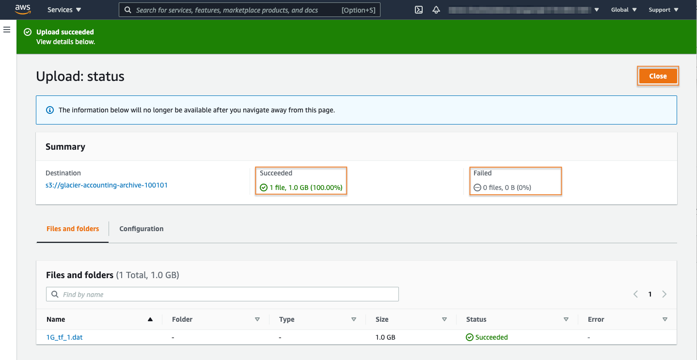 Screenshot of the AWS Management Console showing a successful upload to an S3 Glacier storage class, with 1 file (1.0 GB) uploaded and no failed uploads.