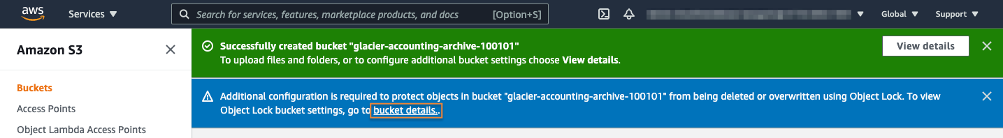 Screenshot showing a successful creation of an Amazon S3 bucket named 'glacier-accounting-archive-100101' in the AWS Management Console. The image also highlights an additional configuration notice about enabling Object Lock to protect objects from being deleted or overwritten.