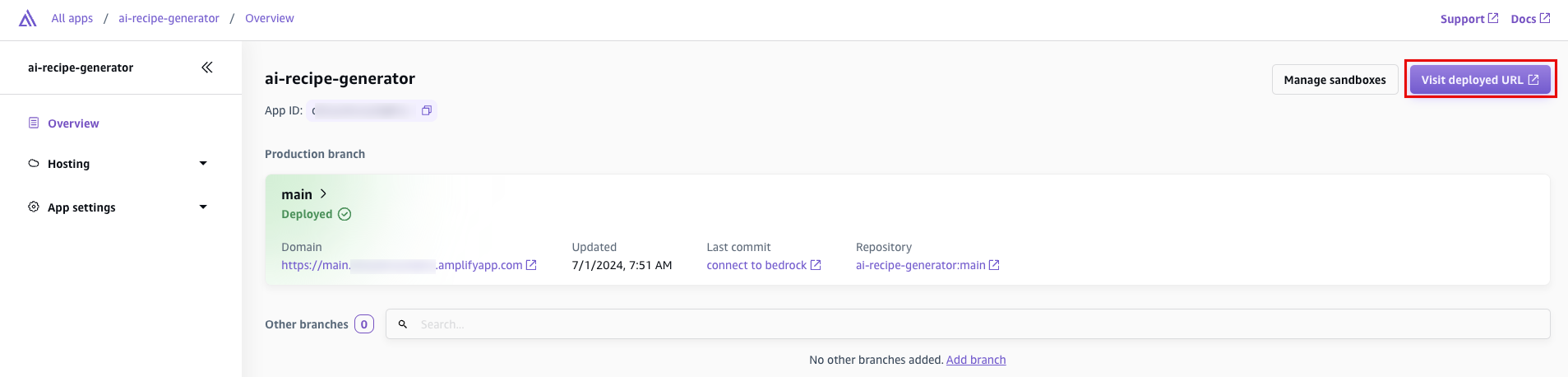 Screenshot of the AWS Amplify console showing the overview page for the 'ai-recipe-generator' app, with a highlighted 'Visit deployed URL' button, production branch deployment status, and branch details. Used in a tutorial for building a serverless web app with generative AI.