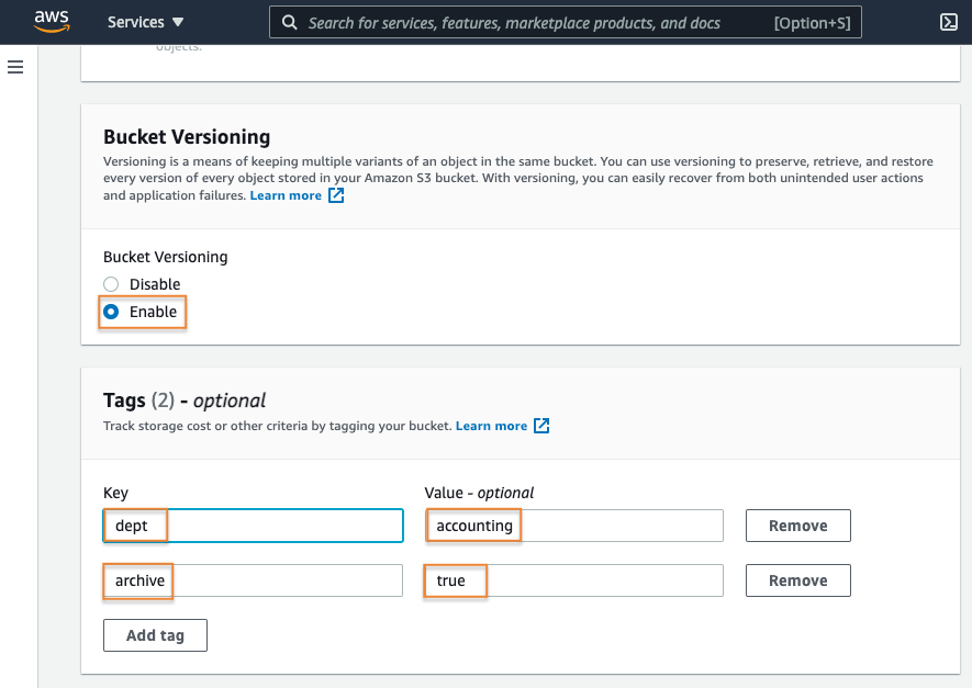 Screenshot showing the AWS S3 console with bucket versioning enabled and example tags (dept: accounting, archive: true) being added to an S3 bucket. Demonstrates how to configure versioning and tagging for an S3 bucket in Amazon Web Services.