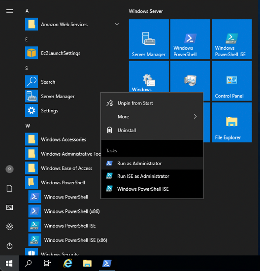Screenshot of the Windows Server start menu with the context menu for Windows PowerShell open, showing options to run as administrator. This interface is often used when migrating ASP.NET web applications with PowerShell commands.