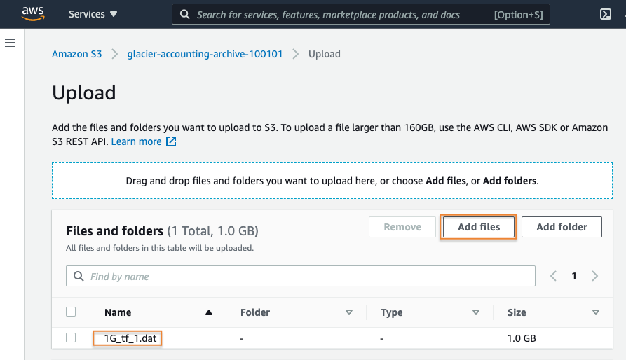 Screenshot of the Amazon S3 web console showing the Upload interface for Glacier storage classes, with the option to add files and folders. The interface highlights the process of uploading a file named '1G_tf_1.dat' with a size of 1.0 GB using the 'Add files' button.