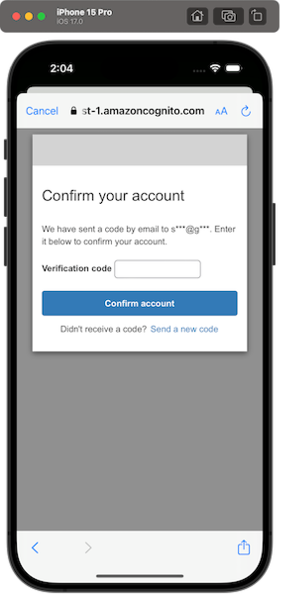 Screenshot of an iPhone displaying the account confirmation page from an AWS Amplify tutorial, showing a form to enter a verification code for account confirmation using Amazon Cognito Hosted UI.