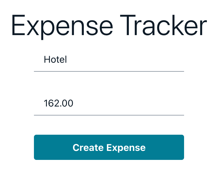 Screenshot of an expense tracker web application from an AWS Amplify deployment tutorial, showing a form for tracking an expense labeled 'Hotel' with an amount of 162.00 and a 'Create Expense' button.