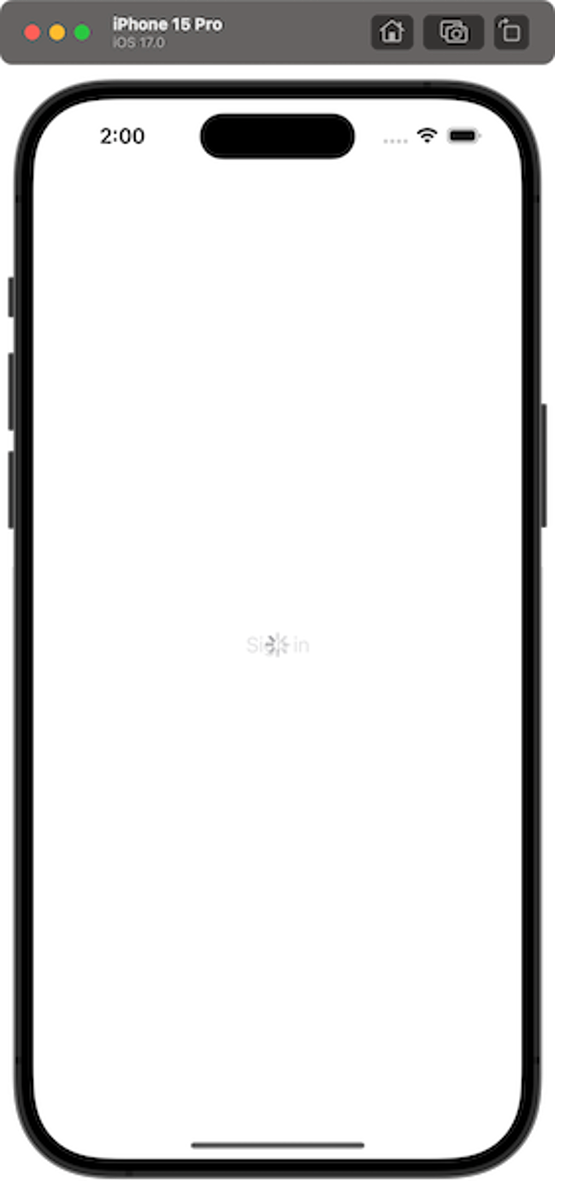 Screenshot of an iPhone 15 Pro simulator displaying a blank landing view with a loading spinner and 'Sign in' text, as part of an AWS Amplify tutorial for building iOS apps.