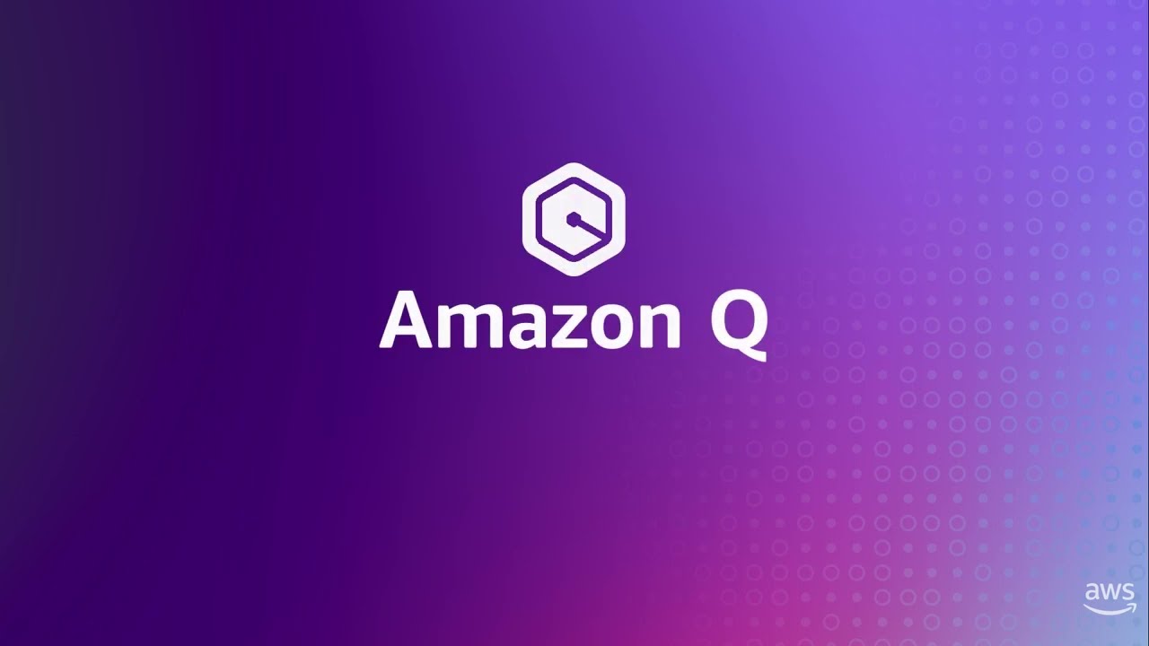 "Amazon Q logo on a purple gradient background with subtle dotted patterns and AWS branding in the corner."