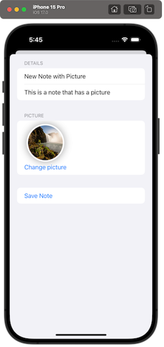 Screenshot of an iOS app running on iPhone 15 Pro (iOS 17), showing a tutorial example where a new note with a picture can be created, as part of an AWS Amplify getting started guide.