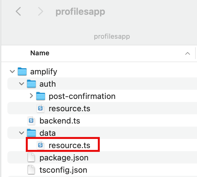 Screenshot showing the project folder structure in a web application tutorial, highlighting the 'resource.ts' TypeScript file within the 'data' and 'post-confirmation' directories under 'amplify/auth'.