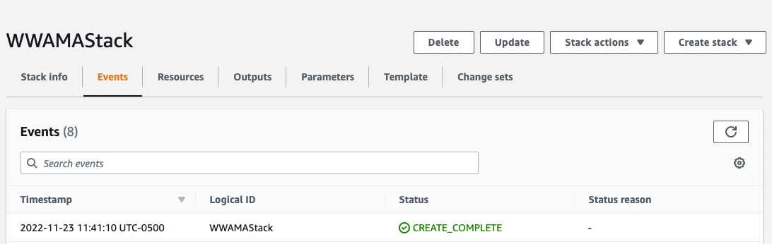 Screenshot showing the AWS CloudFormation console with the WWAMAStack stack creation marked as complete. This image is used to verify the successful completion of migrating an ASP.NET Web Application.