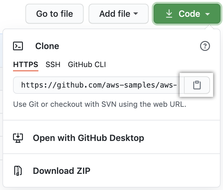 Screenshot of the GitHub 'Code' dropdown showing clone options for HTTPS, SSH, and GitHub CLI, along with URLs, used in the AWS create continuous delivery pipeline tutorial.