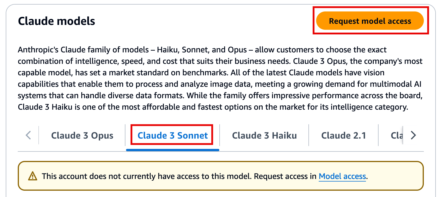 Screenshot of the Claude models selection interface for Anthropic's Haiku, Sonnet, and Opus models, displaying options such as Claude 3 Opus, Claude 3 Sonnet, Claude 3 Haiku, and Claude 2.1. The image highlights the 'Request model access' button and shows a notification stating that the account does not currently have access to this model.