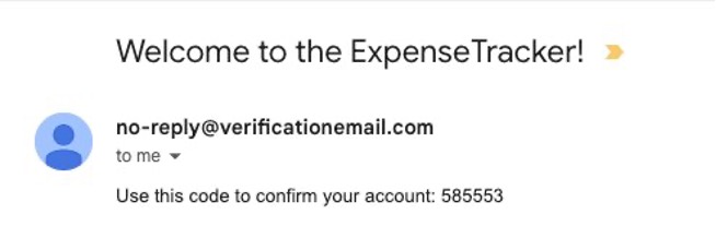 Screenshot of a verification email with the subject 'Welcome to the ExpenseTracker!' and a confirmation code, used in the AWS Amplify deploy web app getting started tutorial.