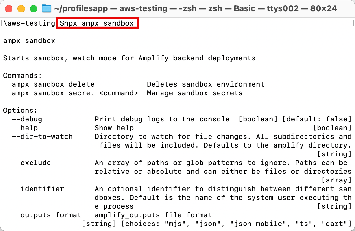 Screenshot of a terminal showing the 'npx ampx sandbox' command and options for starting sandbox mode for Amplify backend deployments. The image is part of an AWS Amplify tutorial for deploying web apps using sandbox environments.