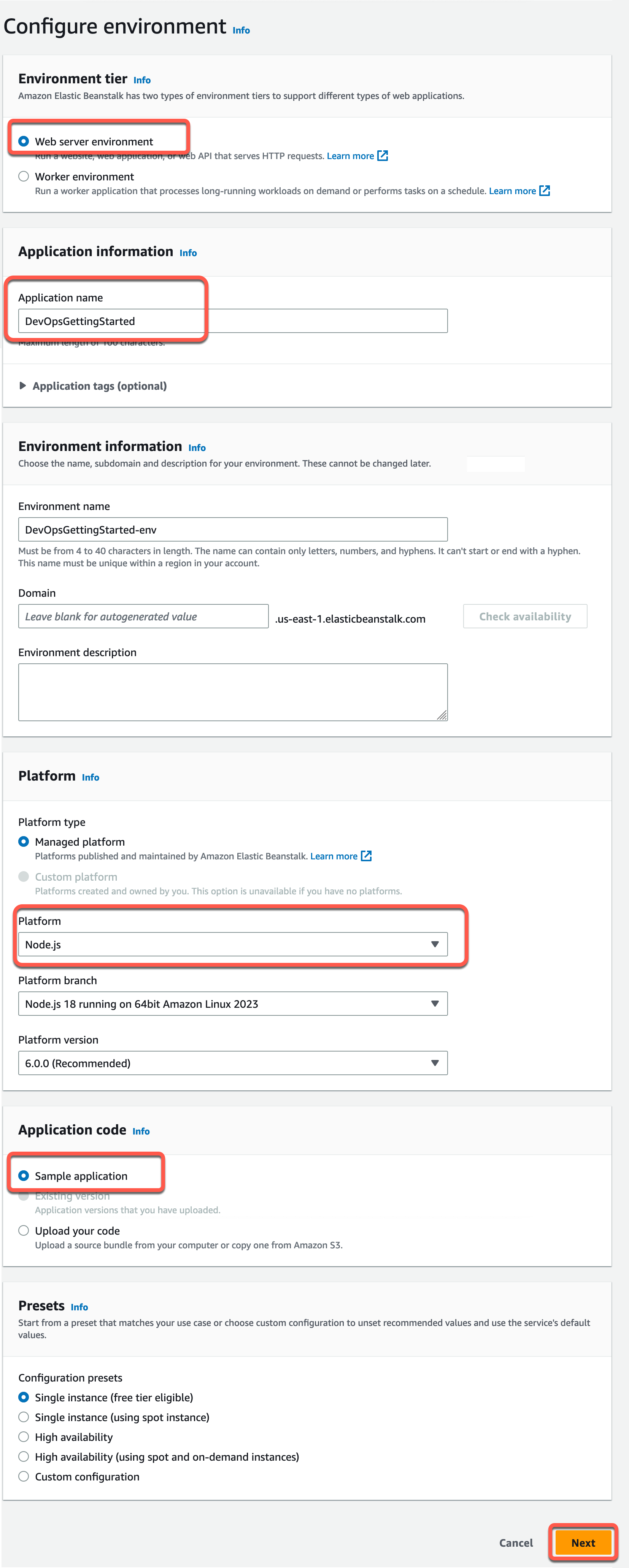Screenshot of the 'Configure environment' screen in AWS Elastic Beanstalk for a continuous delivery pipeline tutorial. The image shows configuration options including environment tier (Web server environment), application and environment names, platform (Node.js), sample application code option, and single instance configuration preset. The 'Next' button is highlighted at the bottom.