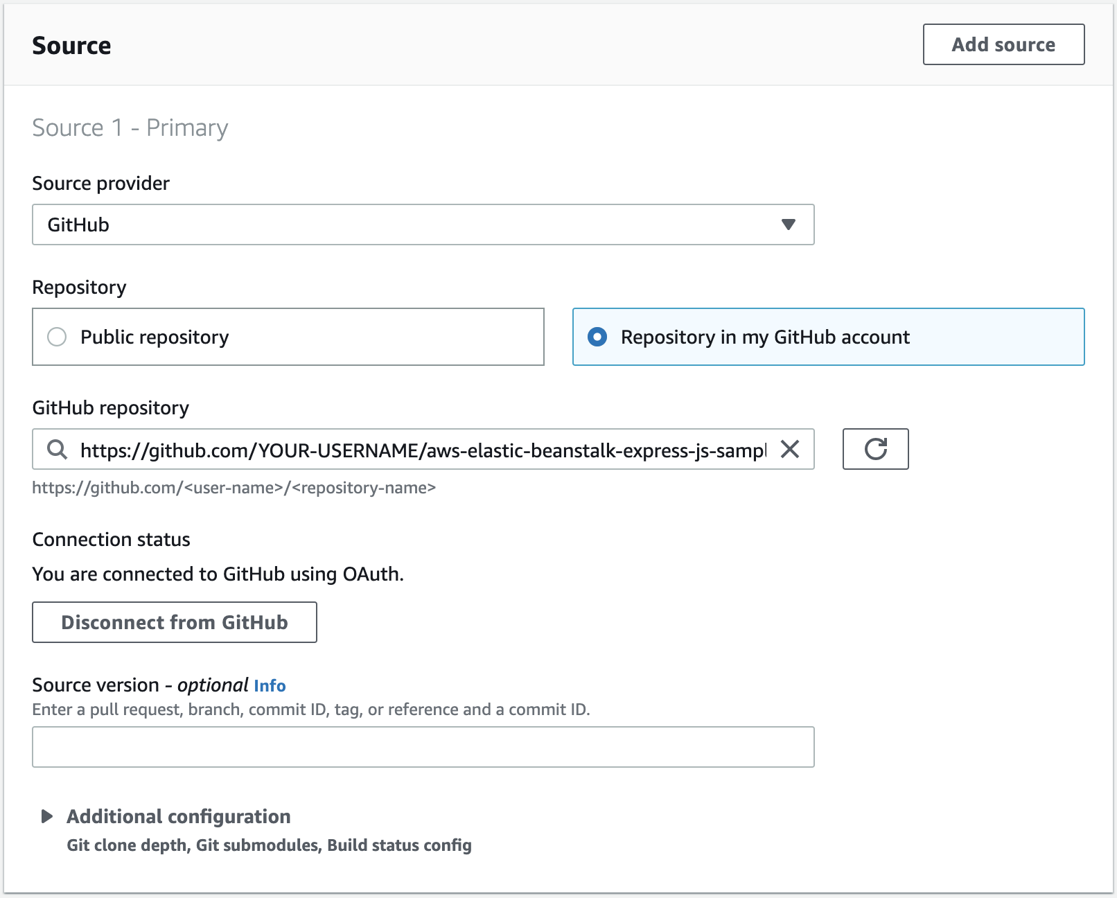 Screenshot of the AWS CodeBuild console showing the configuration of a source from a GitHub repository for a continuous delivery pipeline tutorial, including connection status and repository details.
