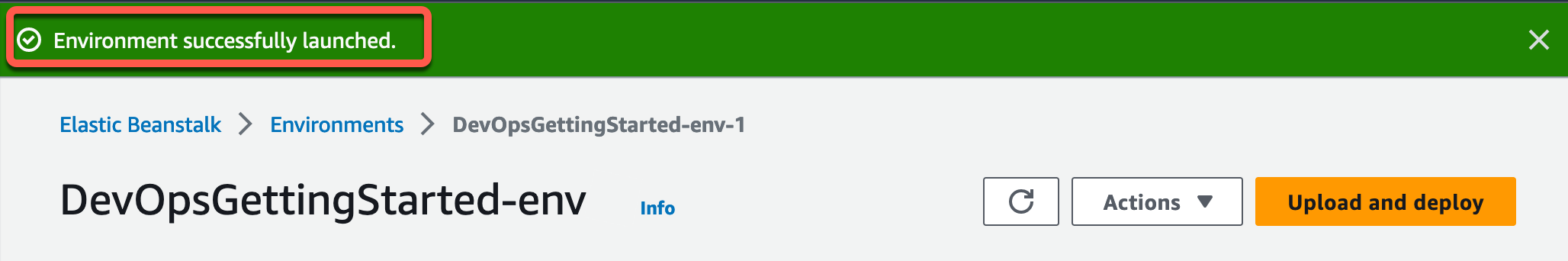 Screenshot showing a successful environment launch in the AWS Elastic Beanstalk environment during the Create Continuous Delivery Pipeline tutorial. A green banner at the top reads 'Environment successfully launched.'