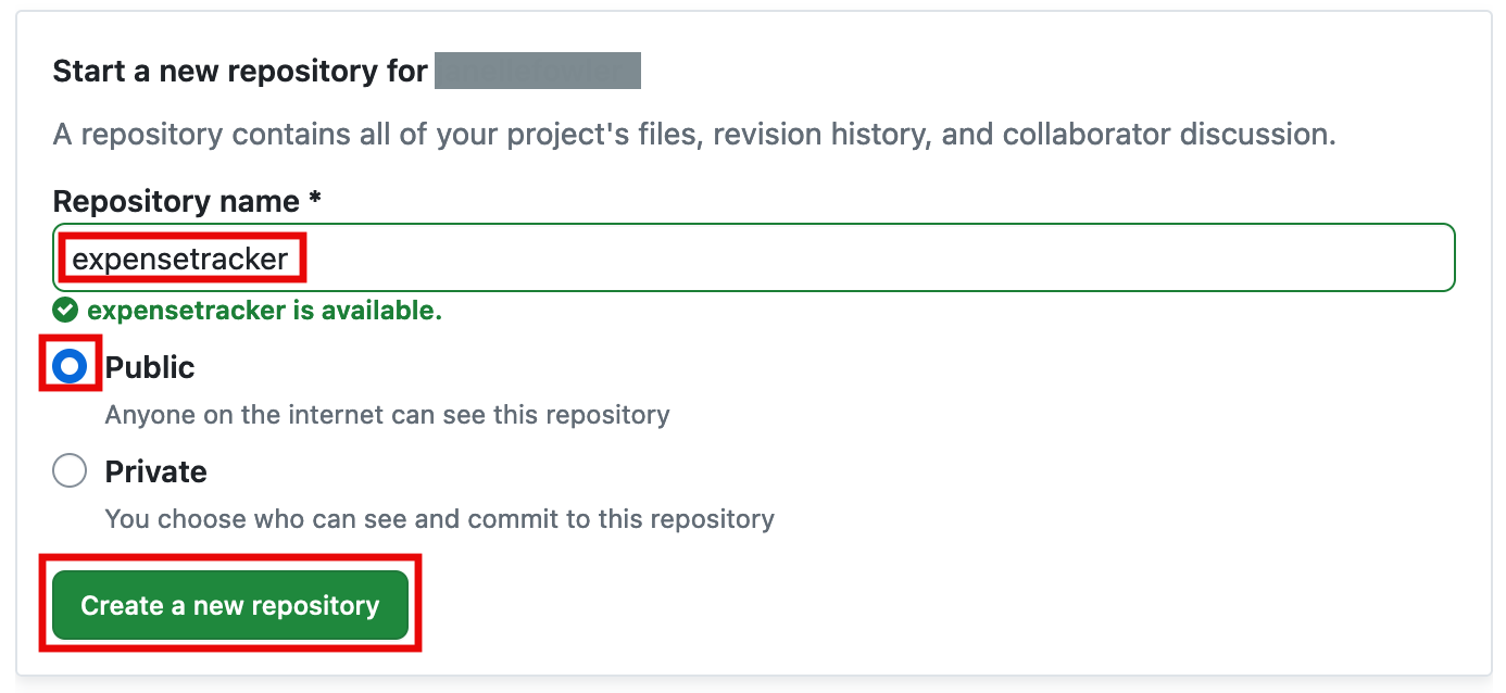 Screenshot showing the process of creating a new public repository named 'expensetracker' on GitHub, as part of the AWS Amplify web app deployment tutorial. The options for repository visibility and the button to create the repository are highlighted.