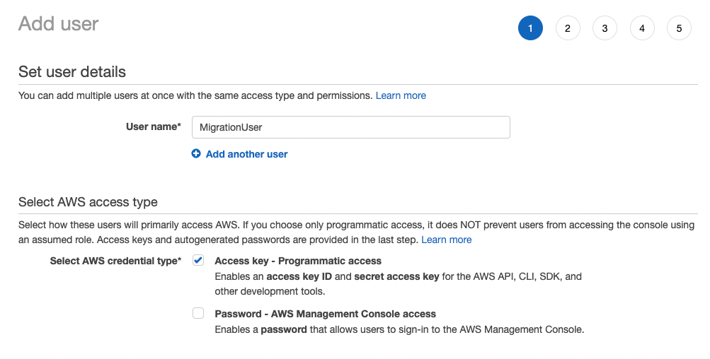 Screenshot of the 'Add user' step in the AWS Management Console, showing fields for entering a user name and selecting access types when migrating an ASP.NET web application. The screen shows the creation of a user called 'MigrationUser' with programmatic access enabled.