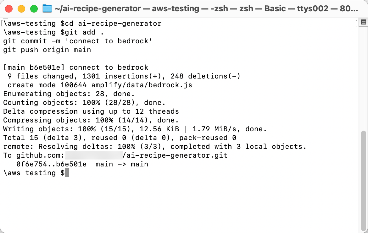 Screenshot of a command-line terminal showing git commands used to add, commit, and push changes to a repository for the 'ai-recipe-generator' project as part of a serverless web app with generative AI tutorial. The output displays files changed and push confirmation to GitHub.