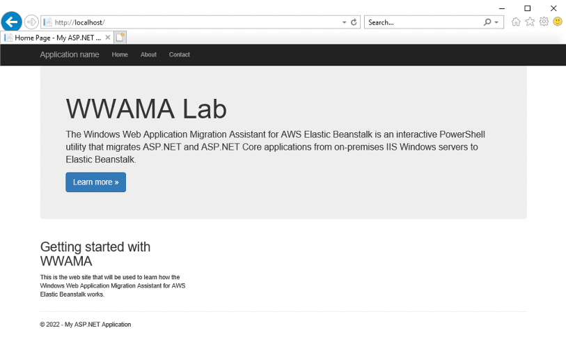 Screenshot of the WWAMA Lab sample webpage, demonstrating the Windows Web Application Migration Assistant for AWS Elastic Beanstalk. The page features a navigation bar, a description of the migration utility, a 'Learn more' button, and introductory text for getting started with WWAMA.