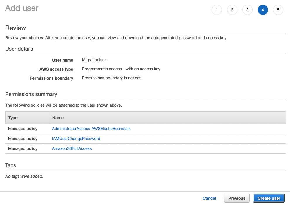 Screenshot of the 'Add user' review step in AWS IAM, showing user details and attached policies for a migration user when migrating an ASP.NET web application. Policies include AdministratorAccess-AWSElasticBeanstalk, IAMUserChangePassword, and AmazonS3FullAccess.