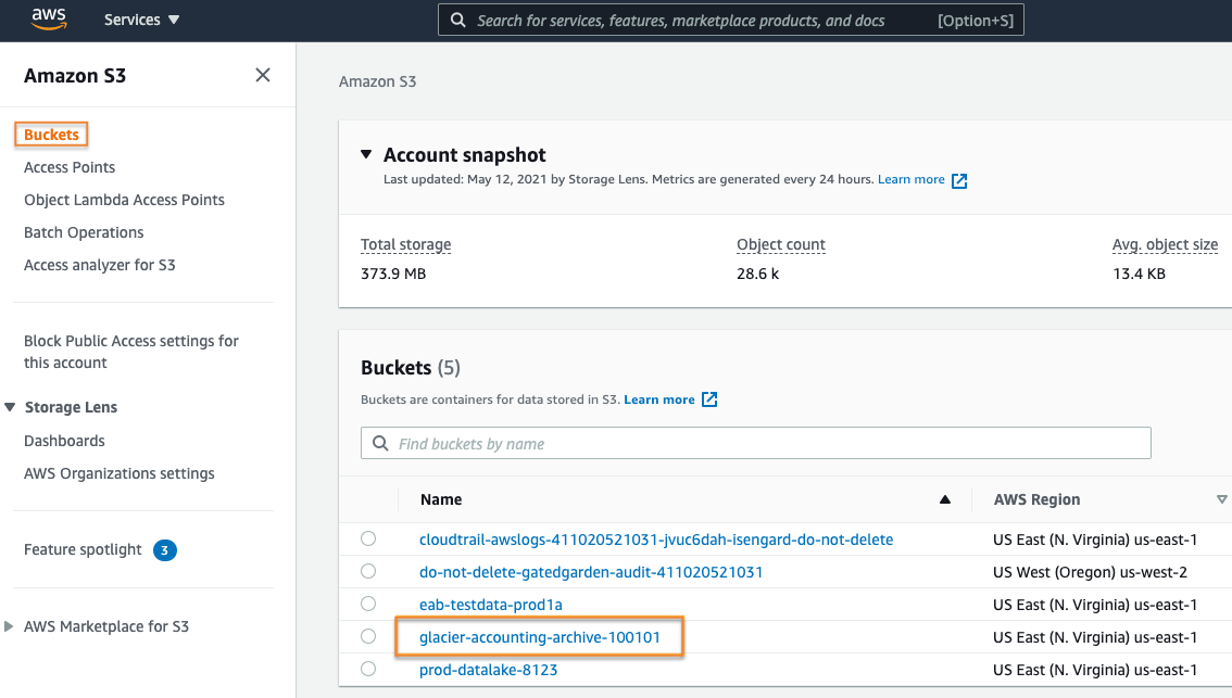 Screenshot of the Amazon S3 console showing the Buckets section, an account snapshot, and a list of buckets including a Glacier storage class archive, used in a tutorial for uploading objects to S3 Glacier.