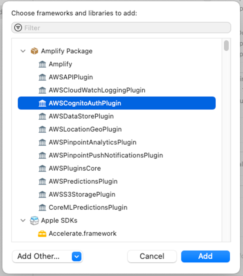 Screenshot of the 'Choose frameworks and libraries to add' dialog in Xcode, highlighting the AWSCognitoAuthPlugin in the Amplify Package for an iOS app using AWS Amplify authentication.