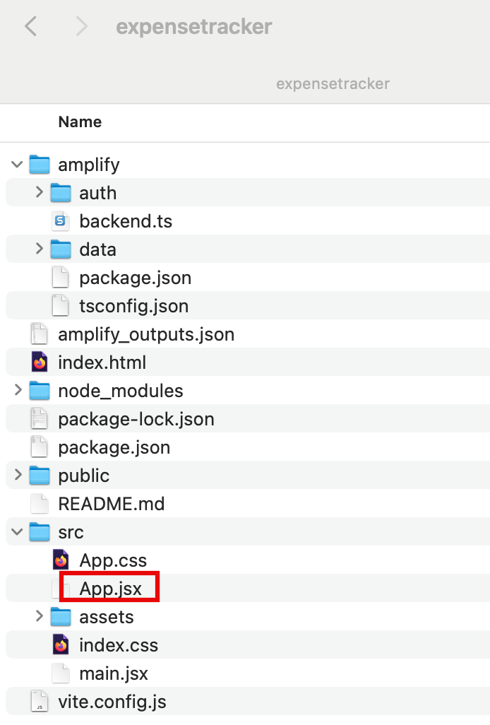 Screenshot of the expensetracker project directory showing folders and files for an AWS Amplify web app, with App.jsx in the src folder highlighted. Useful for a getting started tutorial with AWS Amplify and React.