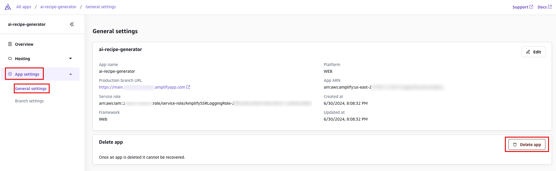 Screenshot of the AWS Amplify Console showing the General settings for a serverless web app with the option to delete the app highlighted. The left navigation displays 'App settings' and 'General settings', while the main section contains details about the app and a 'Delete app' button.