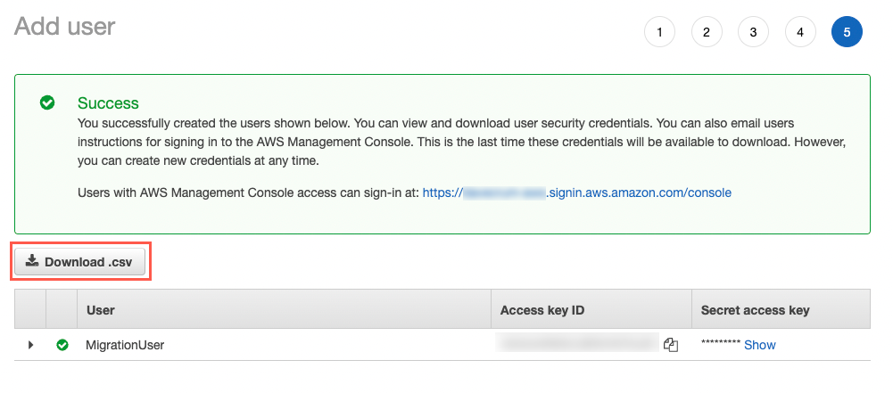 Screenshot of the AWS Management Console after successfully creating a user, showing a success message and an option to download user security credentials as a .csv file. The page includes user details and security key information for user MigrationUser.